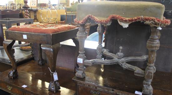 Mahogany stool & another pair of carved stools with cross stretchers (one lacking upholstered top